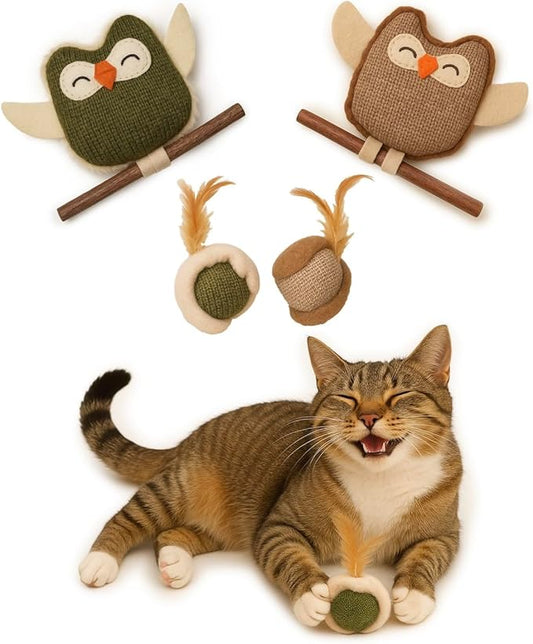 Tails & Tales Cat Toys Owls, Catnip & Silvervine Plush, Bite-Resistant & Soft Interactive Toys for Indoor Cats & Kittens, Reduces Stress & Encourages Activity, Pack of 4