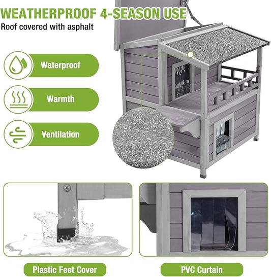 GUTINNEEN Outdoor Cat House Insulated Liner for Winter, Weatherproof Heated Outside Feral Cat Shelter, 2-Story Kitten House with Large Balcony