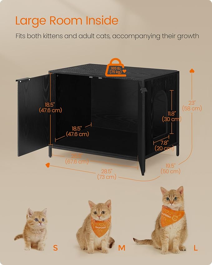 Feandrea Litter Box Enclosure, Modern Cat Litter Box Furniture Hidden, with Handles, Magnetic Locks, Cat House, Side End Table, 28.5 x 19.5 x 23 Inches, Ebony Black UPCL011B02