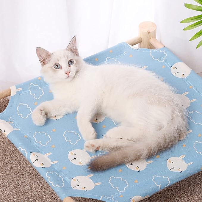 Pozico Cat & Dog Hammock Bed – Wooden Elevated Pet Cot with Breathable Mesh – Raised Cat Bed for Small Pets, Portable Puppy Bed Indoor & Outdoor Use – Blue Rabbit Design