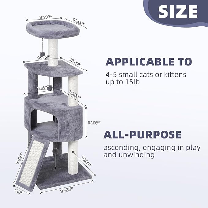 45in Cat Tree Tower with Big Condo for Indoor Kitten,Cat Tower with Scratching Post,Scratching Board and Cat Toys,Multi-Level,Small Space,Transformer Cat Tree, Grey(New)