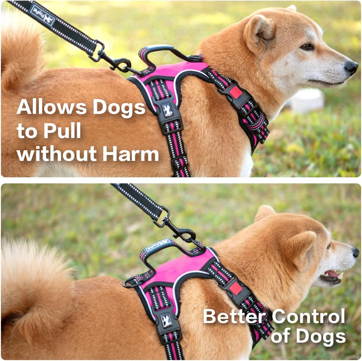 PoyPet No Pull Dog Harness, No Choke Front Clip Reflective Dog Vest with Soft Padded Vertical Handle, 3 Leash Attachments for Small Medium Large Dogs (Pink,XL)