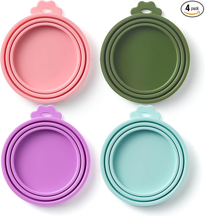 4 Pack Universal Pet Food Can Covers Lids - One fit 3 Standard Size Cans for Cats and Dogs Food Cans - Easy to Clean - Safe Silicone - Pastel Meadow