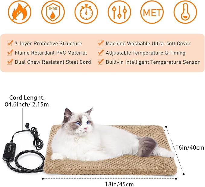 INVENHO Heated Cat Bed, Waterproof Adjustable Temperature Dog Cat Heating Pad with Timer, Indoor Pet Heating Pad for Cats Dogs Electric Pads for Dogs Cats, Pet Heated Pad
