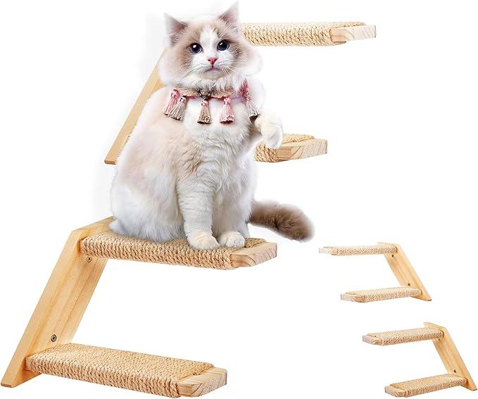 Cat Climbing Stair Shelf Wall Mounted Reversible Left & Right Direction, Cat Stairway Shelf for Climbing with Sisal Rope Ladder Wall Furniture