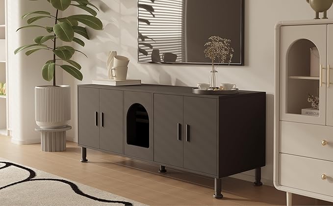 Double Litter Box Enclosure, Litter Box Enclosure for 2 Litter Boxes, Modern Litter Box Furniture for 2 Cats, with Cat Door & Motion Light (Black)