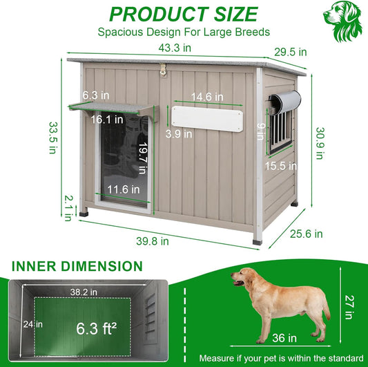 Dog House Outdoor Weatherproof & Wooden Dog Kennel with Chew-Proof Iron Frame，Removable Floor, Adjustable Vent Window, Easy Assembly for Large and Medium Dogs 43.3" D x 29.5" W x 33.5" H