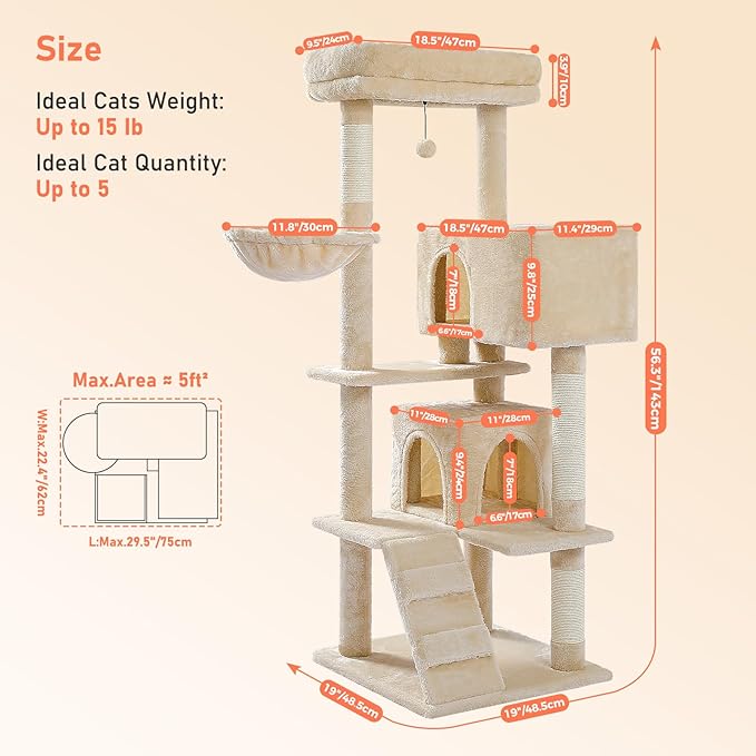 Cat Tree for Indoor Cats, 2 Cozy Condos with Spacious Top Perch, 56.3-Inch Multi-Level Cat Tower with Scratching Posts, 2 Caves, Plush Hammock and Climbing Ramp, Beige