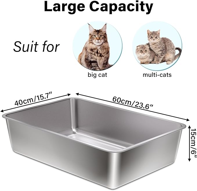 Stainless Steel Litter Box XL, 23.6" X 15.7" X 6" Steel Litter Box,Extra Large Metal Litterbox for Big Cat, Multiple Cats,Non Stick and No Smell, Easy Cleaning
