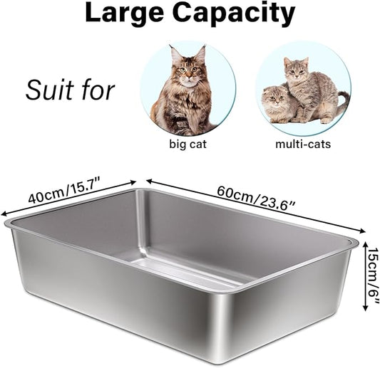 Stainless Steel Litter Box XL, 23.6" X 15.7" X 6" Steel Litter Box,Extra Large Metal Litterbox for Big Cat, Multiple Cats,Non Stick and No Smell, Easy Cleaning