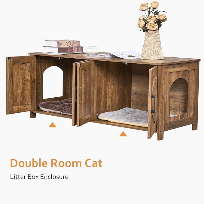 Homhedy Cat Litter Box Enclosure for 2 Cats, Wooden Pet Washroom Furniture with Double Room, Cat House, 47.2”L x 19.7”W x 19.7”H, Rustic Walnut
