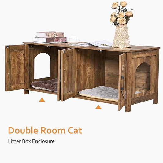 Homhedy Cat Litter Box Enclosure for 2 Cats, Wooden Pet Washroom Furniture with Double Room, Cat House, 47.2”L x 19.7”W x 19.7”H, Rustic Walnut