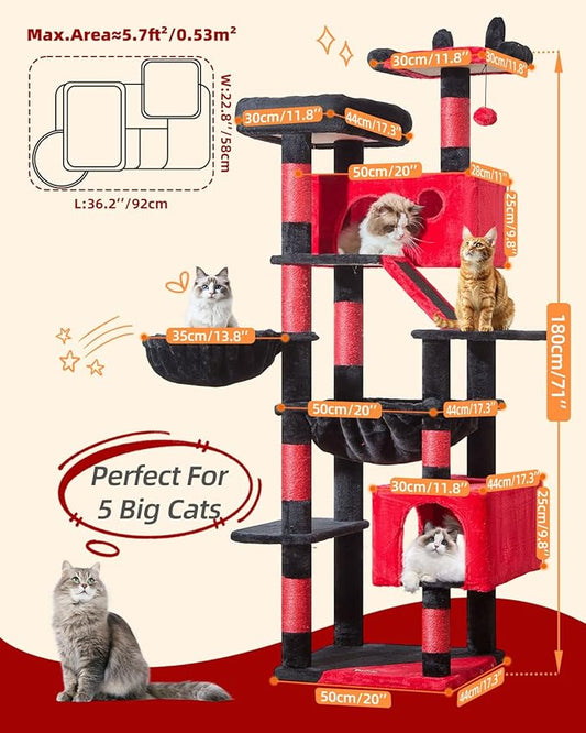 Taoqimiao Cat Tree 71-Inch, Cat Tower for Indoor Cats Large Adult, Multi-Level Large Cat Condo, 8 Sisal Scratching Posts, Metal Frame Cozy Hammock, Scratch Board, 2 Top Perches, Jelly Pink MS026LP