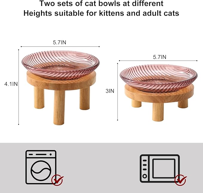 Cat Bowls Whisker Friendly with Wooden Stands. Raised Elevated Glass Whisker Fatigue Cat Bowl for Indoor Cats. 2PCS (Purple)