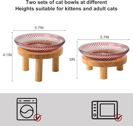 Cat Bowls Whisker Friendly with Wooden Stands. Raised Elevated Glass Whisker Fatigue Cat Bowl for Indoor Cats. 2PCS (Purple)