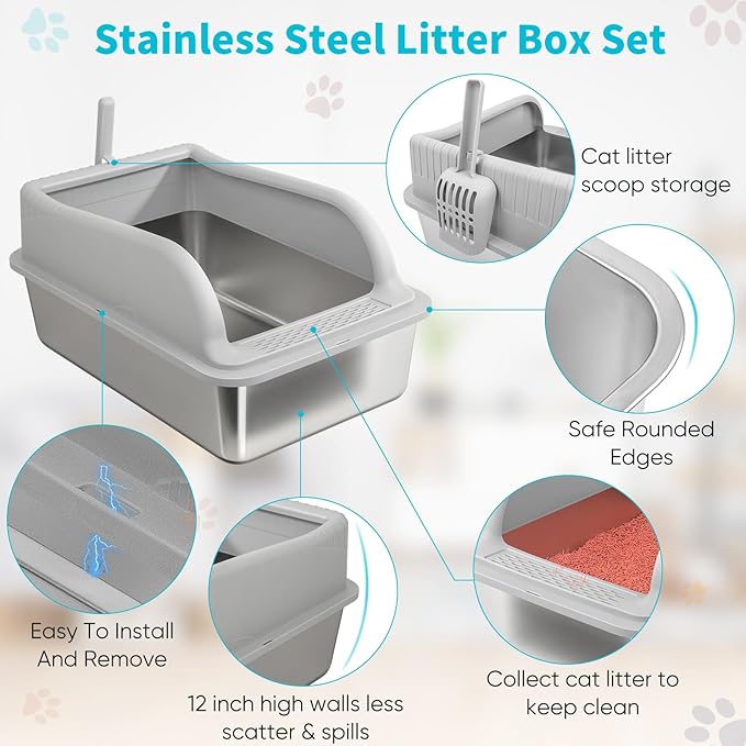 2PACK Stainless Steel Litter Boxes with Lid High Sides for Big Cats, 23.5"L x 15.5"W x11.8"H, Fashion Extra Large Metal Kitty Litter Boxs with Two Scoops, Leak-Proof,Odorless,Non-Stick,Easy Cleaning
