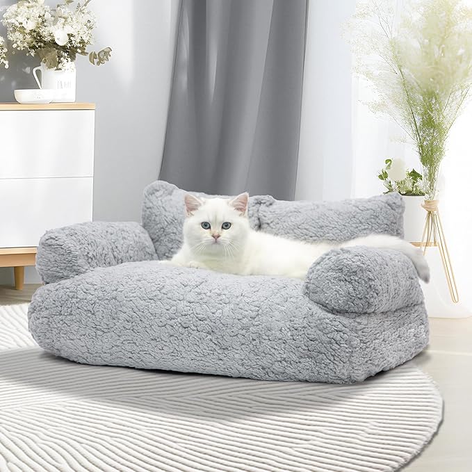 Cat Couch Bed - Cat Bed for Indoor Cats, Calming Pet Sofa Puppy Sleeping Bed with Removable Washable Cover, Cute Dog Couch and Kitty Lounge Chair for 18lbs Cats & Small Dogs(Light Gray)