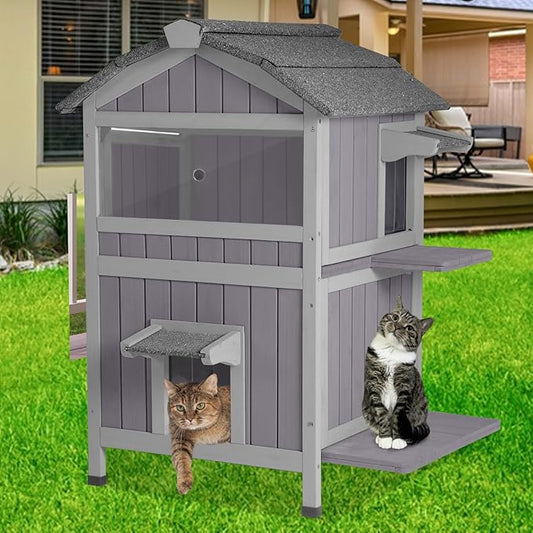 Outdoor Cat House with Two-Story, Feral Cat House with Escape Door and Two Large Side Door, Kitty Shelter with Weatherproof Roof