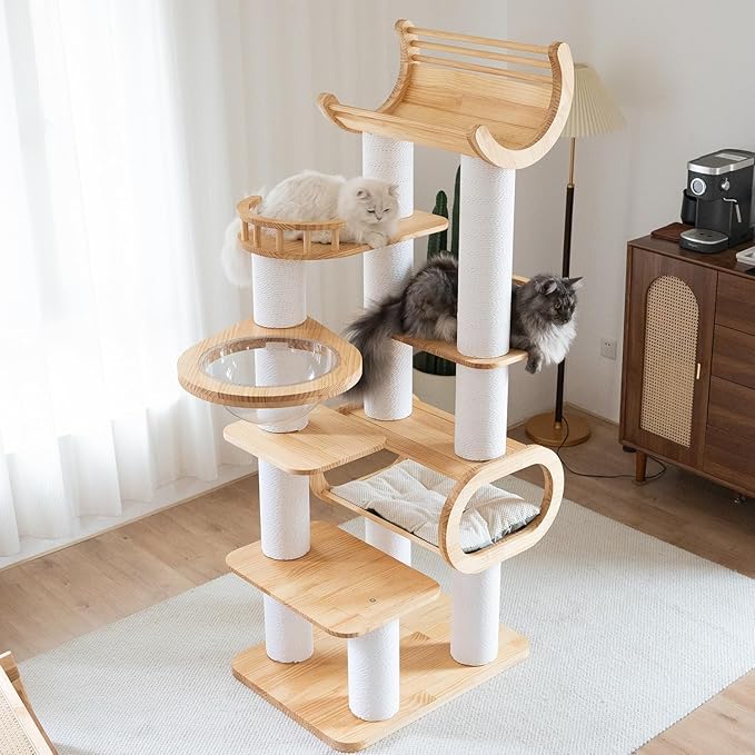 74.8'' Tall Modern Cat Tree for Indoor Large Cats,Luxury Pine Wood Cat Tower for Home Decoration,Multi-Level Huge Cat Furniture with Condo,Clear Bowl,Scratching Posts for Multi-Cat Household
