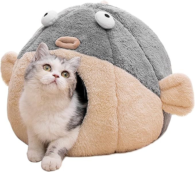 Cat Beds for Indoor Cats - Cat Bed Cave with Removable Washable Cushioned Pillow, Soft Plush Premium Cotton No Deformation Pet Bed, Lively Pufferfish Cat House Design, Grey, Multiple Sizes(L)