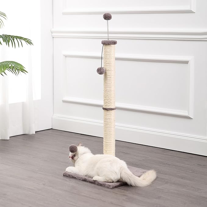 CTR1010A Rylie 38" Farmhouse Sisal Pillar Cat Scratching Post with Fuzzy Toys and Spring Balls, Gray/Cream