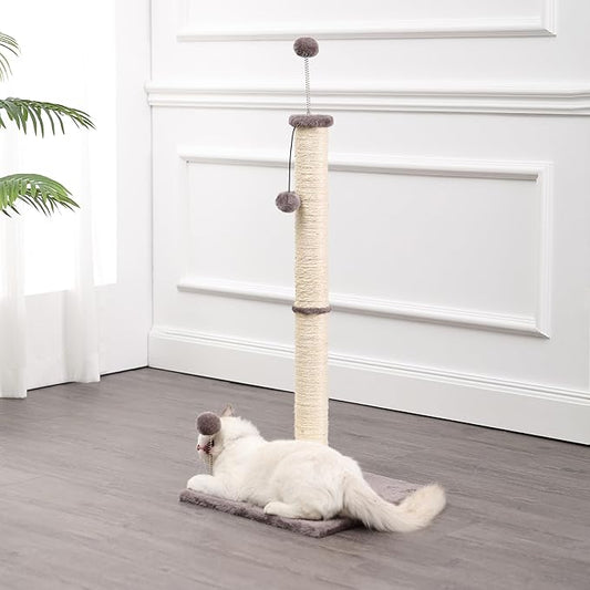 CTR1010A Rylie 38" Farmhouse Sisal Pillar Cat Scratching Post with Fuzzy Toys and Spring Balls, Gray/Cream