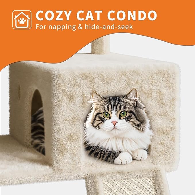 68.5 Inch Multi-Level Cat Tree, Plush Cat Tower with Condo/Sisal Scratching Posts/Hammocks/Basket/Dangling Ball/Platform, Heavy Duty Cats Tree to Play and Sleep, 2605#Beige