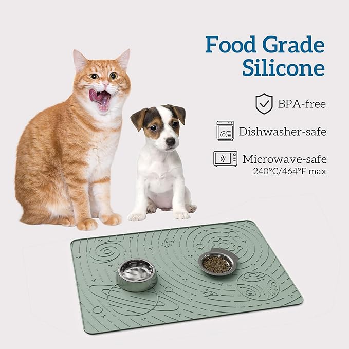 OHMO Dog Food Mat, Silicone Waterproof Cat Food Mat, Non-Skid Spill Proof Pet Feeding Mat for Food and Water, Easy to Clean Dog Placemat(Sage Green, 18.9" x 11.8")