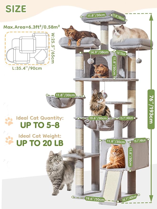 Taoqimiao 76-Inch Cat Tree with Scratching Posts,XXL Cat Tower for Large Cats with Cat Scratching Board,Extra-Large Metal Hammock,3 Perches, 2 Big Condos, Hanging Basket,MS047W,Light Gray