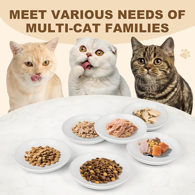 Ceramic Cat Food Bowls - 4 Pack Shallow Plates for Wet Food, Whisker-Friendly Feeding Dish with Non-Slip Silicone Base, Microwave & Dishwasher Safe for Indoor Cats & Kittens
