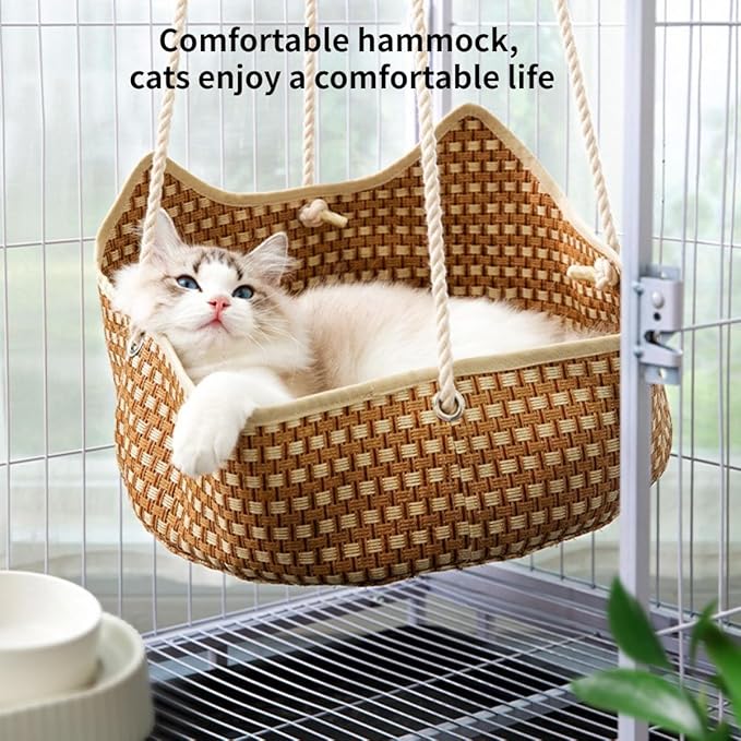 Breathable Pet Cage Hammock with Metal Hooks, Rattan and Bamboo Woven Cat Hammock for Kittens, Rabbits, Small Dogs, Cat Hanging Bed for Cage (Brown)