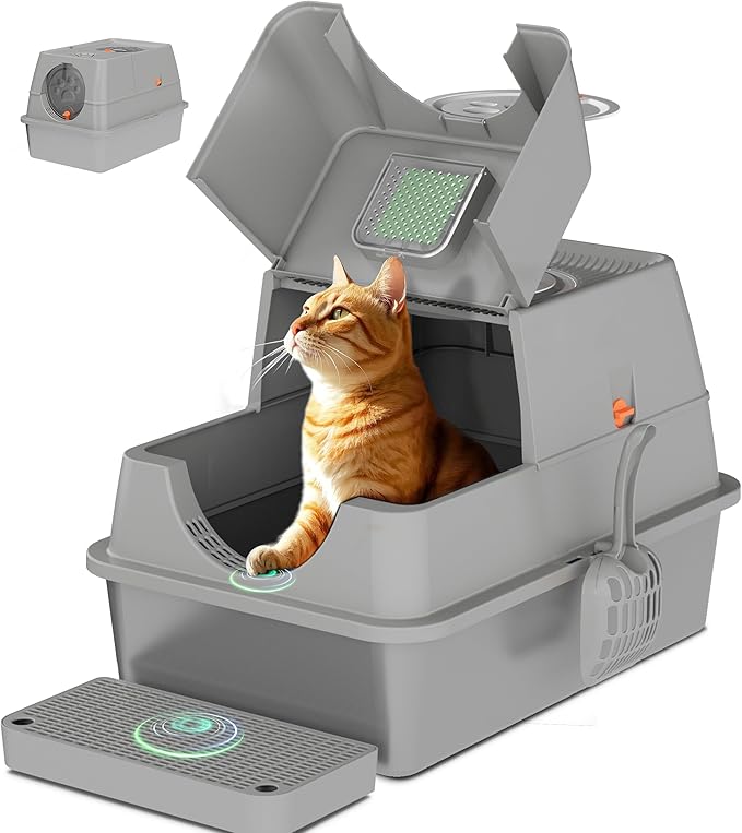 ITYLIFE CITYLIFE Stainless Steel Litter Box with Lid XL Large Enclosed Metal Box Anti-Leakagecat Litter Container Stainless Steel Includes Scoop, Odor Control Easy Cleaning, Light Grey