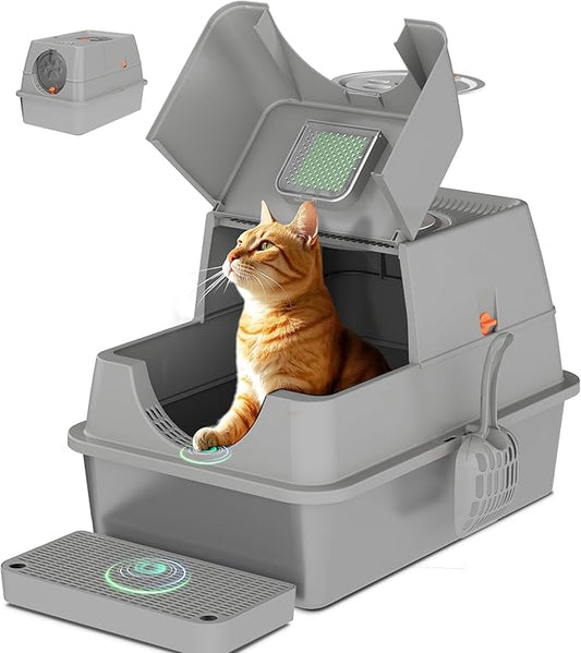 ITYLIFE CITYLIFE Stainless Steel Litter Box with Lid XL Large Enclosed Metal Box Anti-Leakagecat Litter Container Stainless Steel Includes Scoop, Odor Control Easy Cleaning, Light Grey