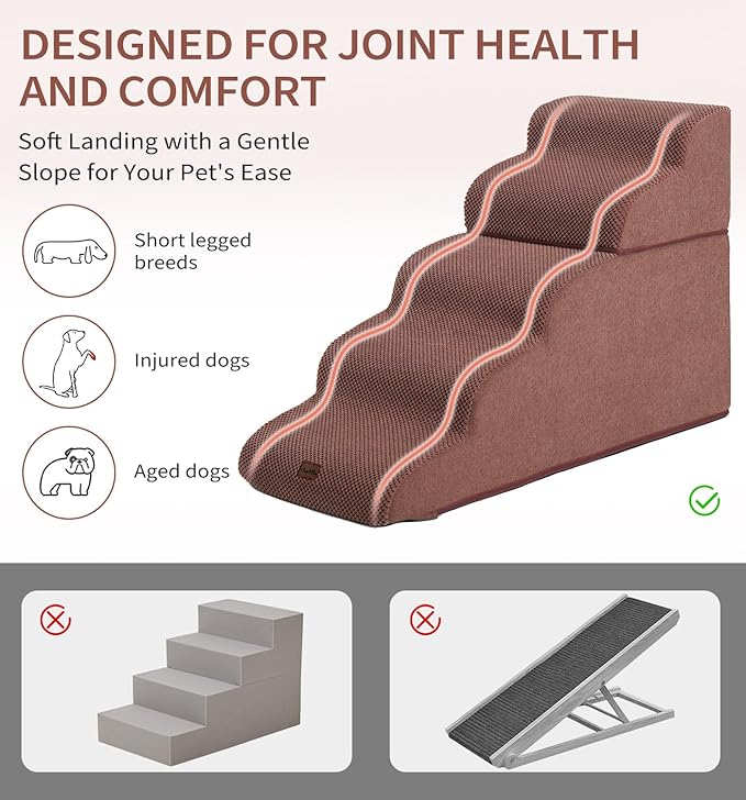Made4Pets Dog Stairs Ramp for High Bed, 5-Step Pet Stairs for Bed Couch Sofa Climbing, 35D Foam Pet Steps for Small Dogs and Cats, Non-Slip Bottom Dog Steps, Brown