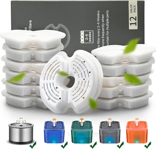 Cat Water Fountain Filter, Multiple Filtration Pet Water Fountain Replacement Filter,8 or 12 Packs of Cotton Activated Carbon Cat Fountain Filter(Filter 12 pack)
