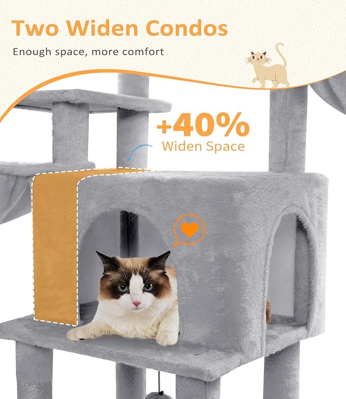 Cat Tree Large Cat Tower Tree 68" Multi-Level Cat Tower for Indoor Cats with Sisal Scratching Posts, Widen Cat Perche, Square Hammock, 2 Widen Condos, Scratching Posts, Light Grey