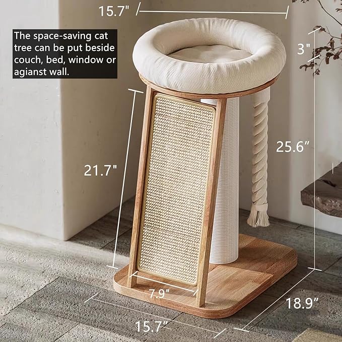 SHENGOCASE Modern Natural Wood Cute Multifunctional Cat Tree Tower Small, Large Sisal Scratching Post, Tilted Angled Ramp Scratcher, Climbing Rope Toy and Cuddle Bed