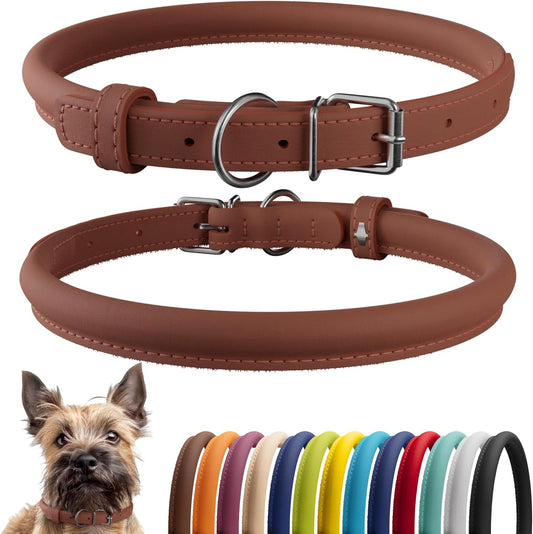 CollarDirect Rolled Leather Dog Collar, Soft Padded Round Puppy Collar, Handmade Genuine Leather Collar Dog Small Large Cat Collars 13 Colors (8-11 Inch, Cinnamon Smooth)