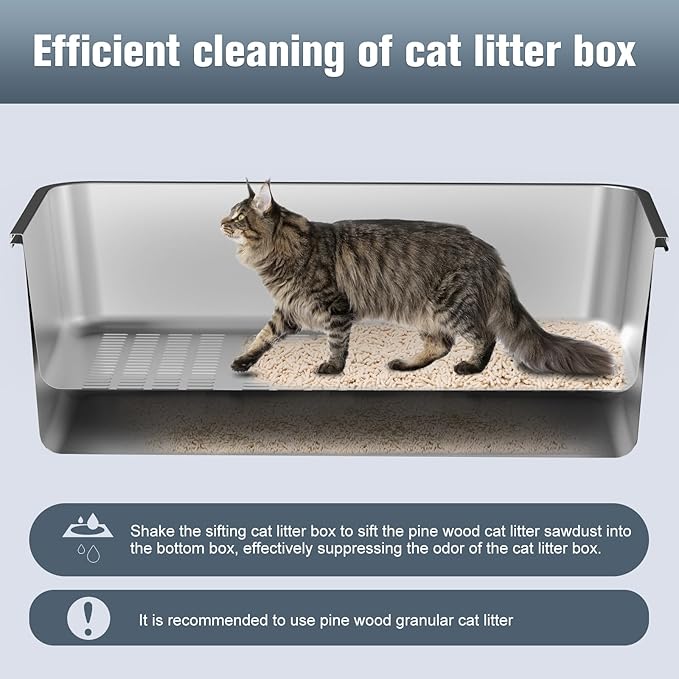 Stainless Steel Sifting Litter Box, for Pine Wood Pellet Cat Litter, XXL Metal Cat Litter Boxs with Lid, 23.6''X15.7''X14'' High-Sided Litter Box,Leak-Proof,Easy to Clean, with Scoop, Urine Pad, Liner