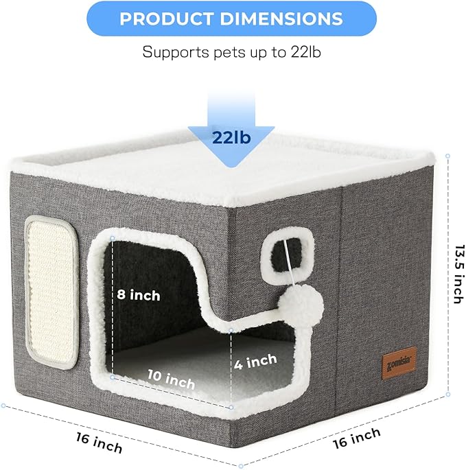 Cat Beds for Indoor Cats - Large Cat House for Pet with Fluffy Ball Hanging and Scratch Pad, Foldable Cat Hideaway,16.5x16.5x13 inches, Navy