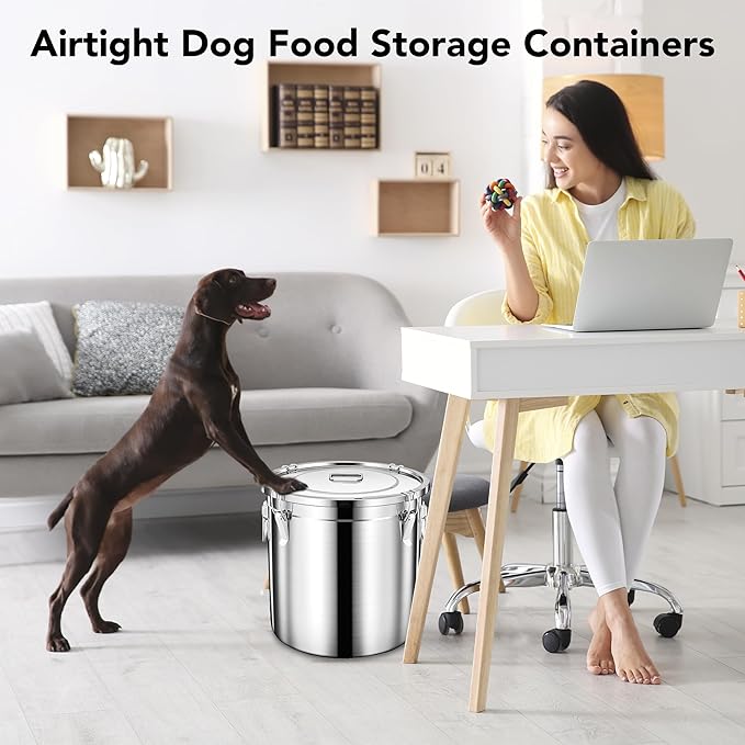 Dog Food Storage Containers, Large Stainless Steel Pet Food Storage Containers 25 lb / 11.5 kg to Keep Fresh, Metal Airtight Cat Food Containers With Scoop and 2 Small Containers