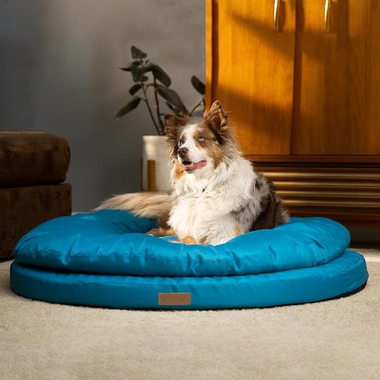 ClevaHome Orthopedic Dog Bed for Large Dogs, Dual Layer Water Repellent Round Pet Bed with Washable Cover Nonslip Bottom（Mosaic Blue）