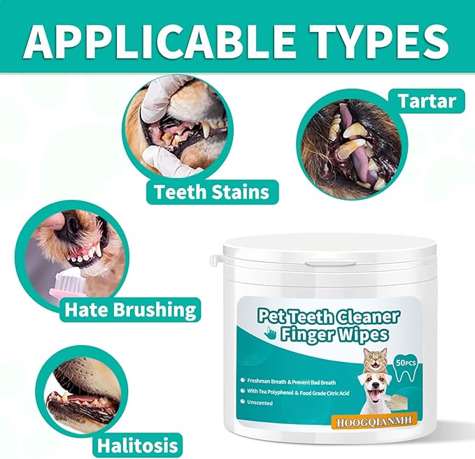 Pet Dental Finger Wipes for Dogs & Cats | Teeth Cleaning Wipes with Natural Formula | Remove Plaque & Tartar | Fresh Breath, Safe & Gentle (50 Count)