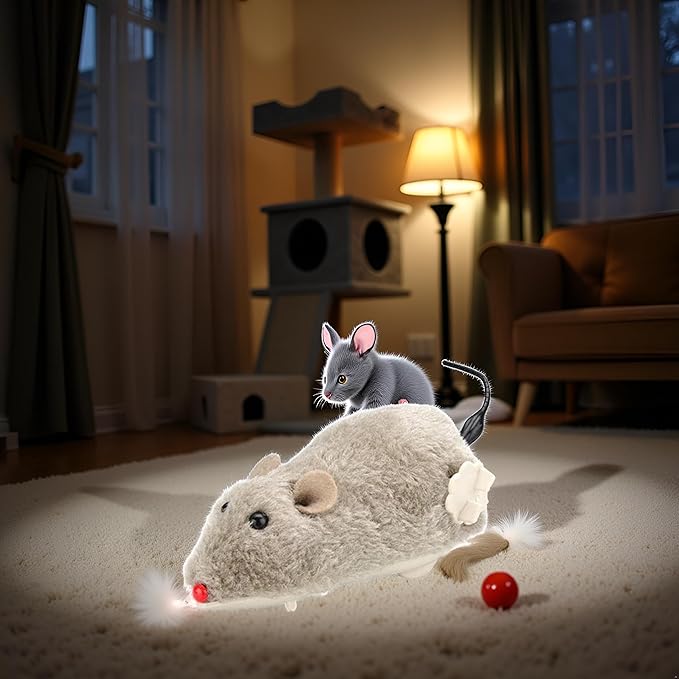 Brown Wind Up Plush Mouse - Mouse Hunting , Feathered Cat Toy, Interactive Wind Up Mouse for Cats Life Like Simulation, Plush Rats Mouse Chasing Interactive for Indoor Kitties Cat Mice and Animals