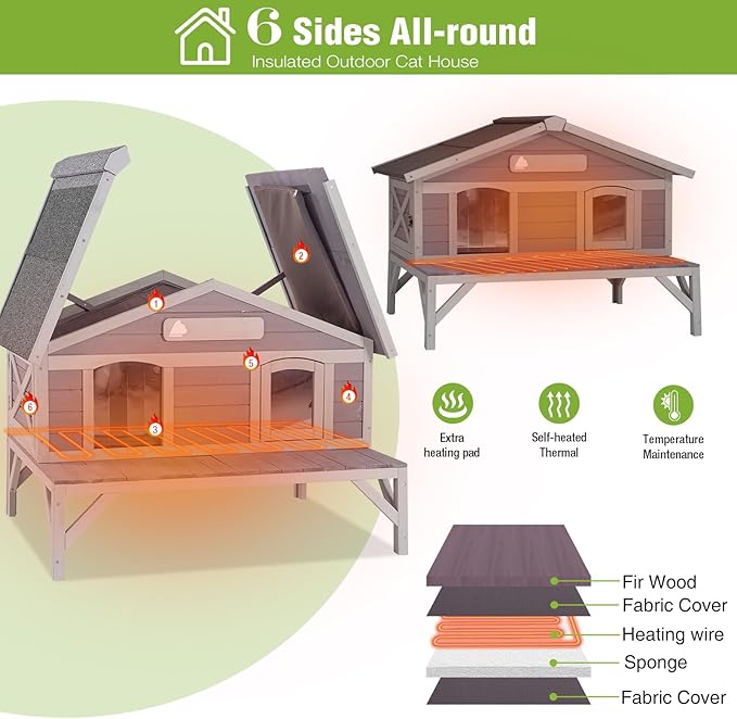 GUTINNEEN Heated Cat House for Outside Large Outdoor Insulated Cat House Weatherproof Feral Cat Shelter with Heated Pad, Insulated All-Round Thermal Liner, Chewproof Cable for 1-4 Cats (Winter-Ready)