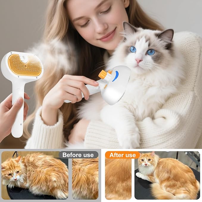 Cat Steam Brush, Pet Steam Brush for Cat & Dog, Mist Spray Comb, Spritz Defur Tool, Water Grooming Kit, Dog Hair Removal Steam Cleaner with Release Button Contains 1*Shampoo, Dental Wipes