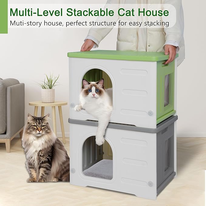 Plastic Cat House Outdoor & Indoor, Waterproof Feral Cat Houses with Escape Door, Sturdy Outdoor Cat House with Bed Mat, Outside Cat Shelter for Small Pet, Assemble and Clean Easily-Green