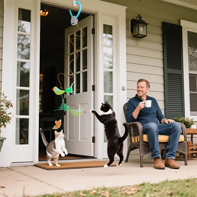 Interactive Cat Toys for Indoor Cats Automatic Electric Flying Bird Feather Wand Toy - Best Kitten & Adult Cat Enrichment Stimulation Toy Hanging Electric Kitty Toys for Bored Cats（Blue White）