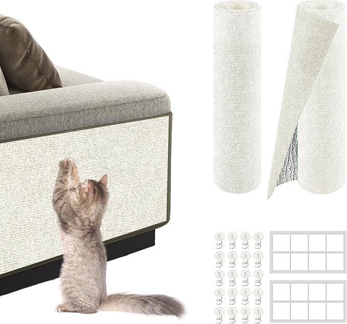 2Pack Total 78.7"x15.8" Cat Scratch Mat for Cat Couch Furniture and Wall Protector | Trimmable Self-Adhesive Carpet Climb Cat Scratcher for Covering Cat Tower and Replacement Pads (Off White)