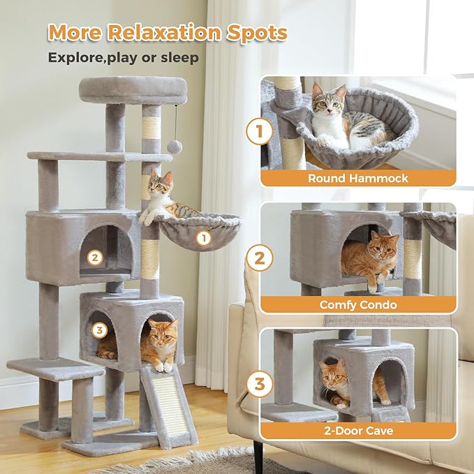 PAWZ Road Cat Tree, 51.6 Inches Cat Tower with Dual Condos, Spacious Perch, Cozy Basket and Sisal-Covered Scratching Posts for Small Cats and Kittens- Gray